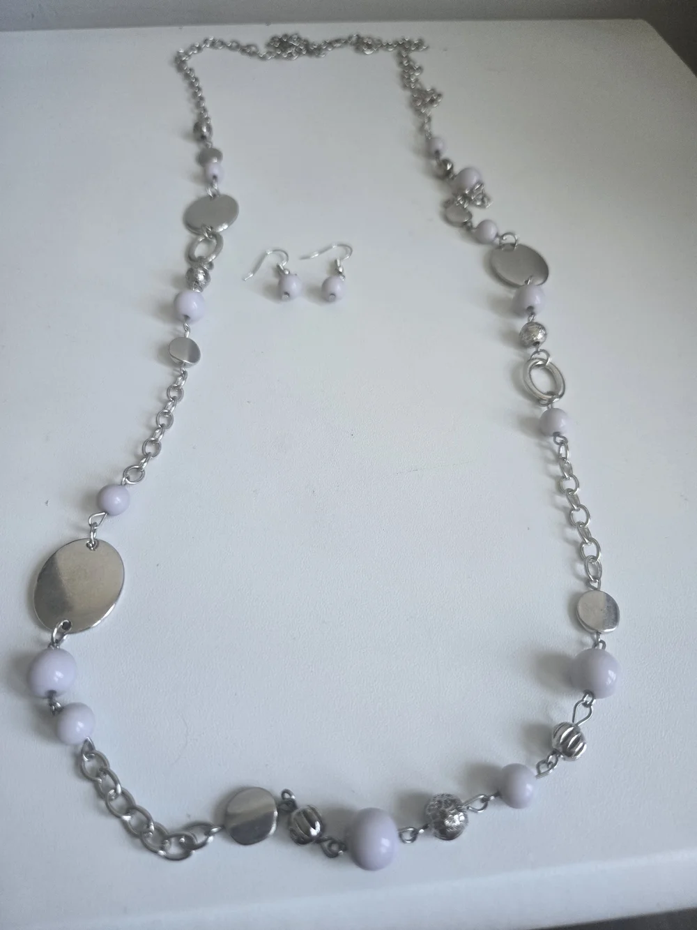 Silver and White Bead Necklace with Matching Earrings